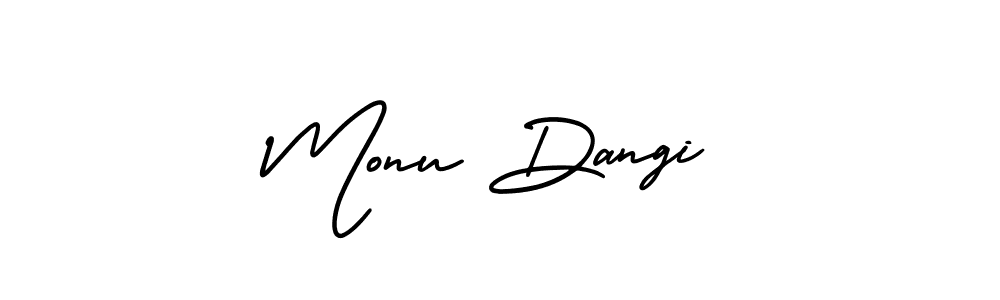 You should practise on your own different ways (AmerikaSignatureDemo-Regular) to write your name (Monu Dangi) in signature. don't let someone else do it for you. Monu Dangi signature style 3 images and pictures png