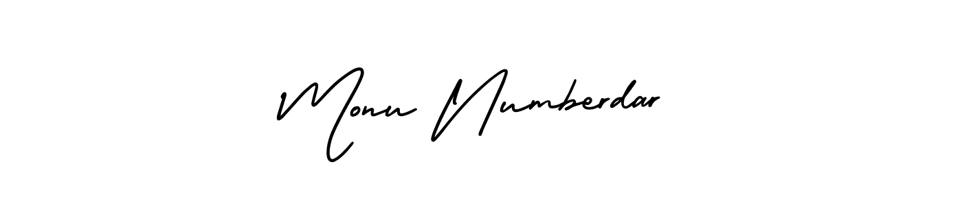 The best way (AmerikaSignatureDemo-Regular) to make a short signature is to pick only two or three words in your name. The name Monu Numberdar include a total of six letters. For converting this name. Monu Numberdar signature style 3 images and pictures png