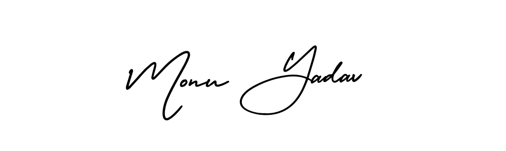 The best way (AmerikaSignatureDemo-Regular) to make a short signature is to pick only two or three words in your name. The name Monu Yadav include a total of six letters. For converting this name. Monu Yadav signature style 3 images and pictures png