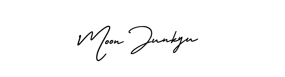 The best way (AmerikaSignatureDemo-Regular) to make a short signature is to pick only two or three words in your name. The name Moon Junkyu include a total of six letters. For converting this name. Moon Junkyu signature style 3 images and pictures png