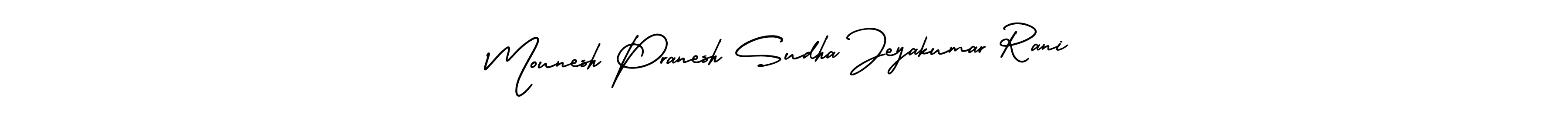 It looks lik you need a new signature style for name Mounesh Pranesh Sudha Jeyakumar Rani. Design unique handwritten (AmerikaSignatureDemo-Regular) signature with our free signature maker in just a few clicks. Mounesh Pranesh Sudha Jeyakumar Rani signature style 3 images and pictures png