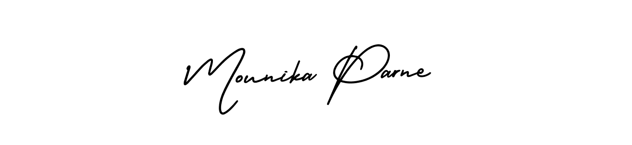 This is the best signature style for the Mounika Parne name. Also you like these signature font (AmerikaSignatureDemo-Regular). Mix name signature. Mounika Parne signature style 3 images and pictures png