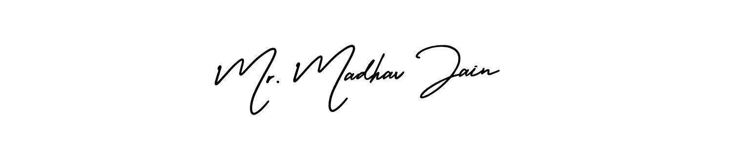 You should practise on your own different ways (AmerikaSignatureDemo-Regular) to write your name (Mr. Madhav Jain) in signature. don't let someone else do it for you. Mr. Madhav Jain signature style 3 images and pictures png