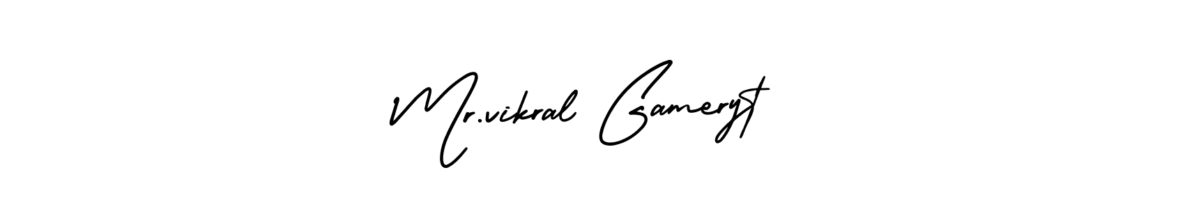 You should practise on your own different ways (AmerikaSignatureDemo-Regular) to write your name (Mr.vikral Gameryt) in signature. don't let someone else do it for you. Mr.vikral Gameryt signature style 3 images and pictures png