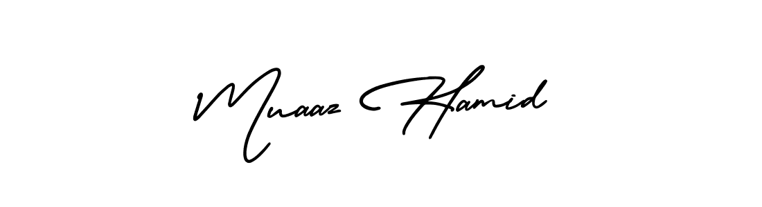 if you are searching for the best signature style for your name Muaaz Hamid. so please give up your signature search. here we have designed multiple signature styles  using AmerikaSignatureDemo-Regular. Muaaz Hamid signature style 3 images and pictures png