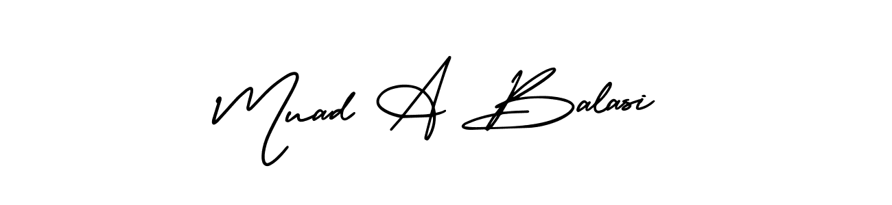 You should practise on your own different ways (AmerikaSignatureDemo-Regular) to write your name (Muad A Balasi) in signature. don't let someone else do it for you. Muad A Balasi signature style 3 images and pictures png