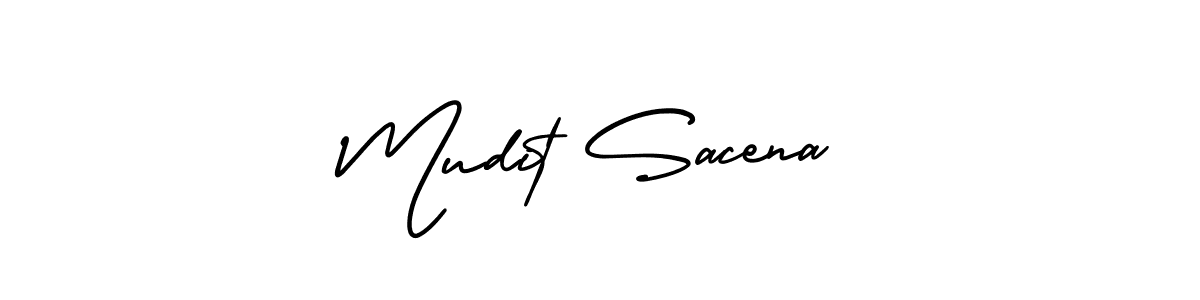 You should practise on your own different ways (AmerikaSignatureDemo-Regular) to write your name (Mudit Sacena) in signature. don't let someone else do it for you. Mudit Sacena signature style 3 images and pictures png