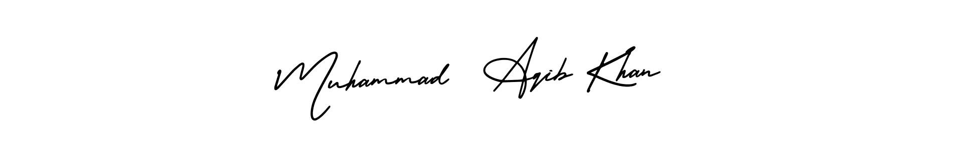 The best way (AmerikaSignatureDemo-Regular) to make a short signature is to pick only two or three words in your name. The name Muhammad  Aqib Khan include a total of six letters. For converting this name. Muhammad  Aqib Khan signature style 3 images and pictures png