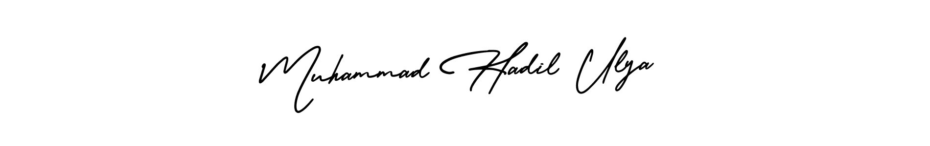 This is the best signature style for the Muhammad Hadil Ulya name. Also you like these signature font (AmerikaSignatureDemo-Regular). Mix name signature. Muhammad Hadil Ulya signature style 3 images and pictures png