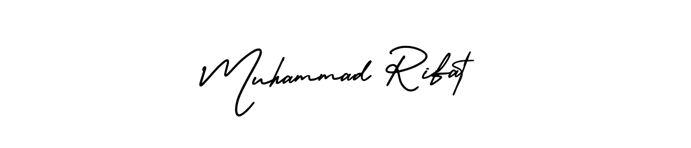 You should practise on your own different ways (AmerikaSignatureDemo-Regular) to write your name (Muhammad Rifat) in signature. don't let someone else do it for you. Muhammad Rifat signature style 3 images and pictures png