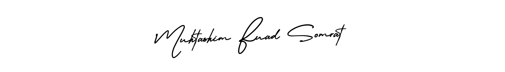 You should practise on your own different ways (AmerikaSignatureDemo-Regular) to write your name (Muhtashim Fuad Somrat) in signature. don't let someone else do it for you. Muhtashim Fuad Somrat signature style 3 images and pictures png
