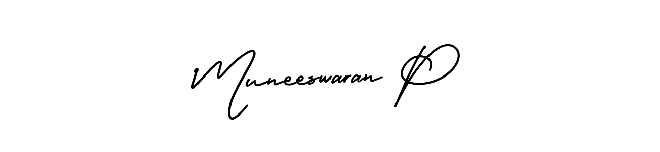 The best way (AmerikaSignatureDemo-Regular) to make a short signature is to pick only two or three words in your name. The name Muneeswaran P include a total of six letters. For converting this name. Muneeswaran P signature style 3 images and pictures png