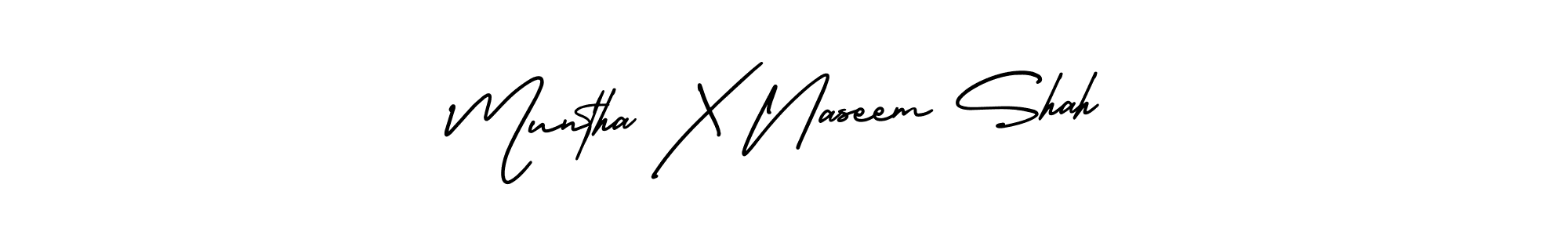 You should practise on your own different ways (AmerikaSignatureDemo-Regular) to write your name (Muntha X Naseem Shah) in signature. don't let someone else do it for you. Muntha X Naseem Shah signature style 3 images and pictures png