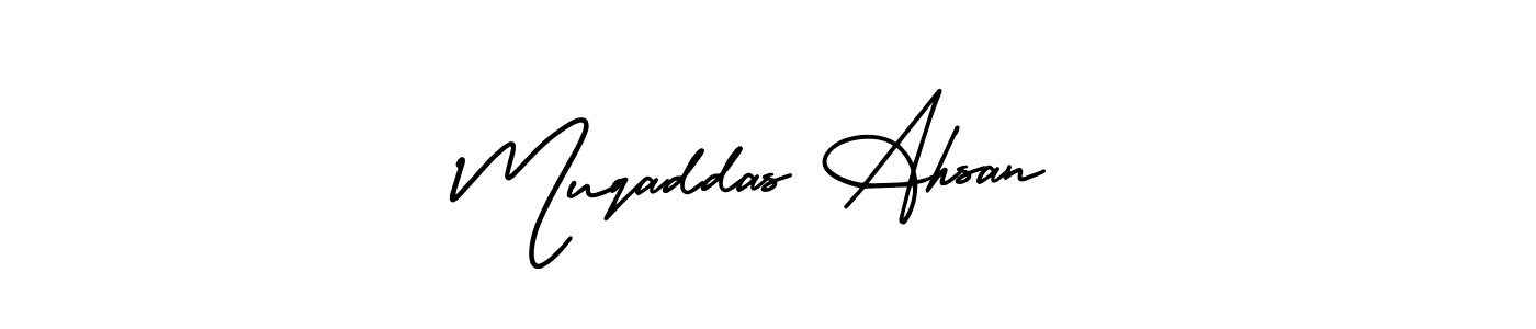 AmerikaSignatureDemo-Regular is a professional signature style that is perfect for those who want to add a touch of class to their signature. It is also a great choice for those who want to make their signature more unique. Get Muqaddas Ahsan name to fancy signature for free. Muqaddas Ahsan signature style 3 images and pictures png