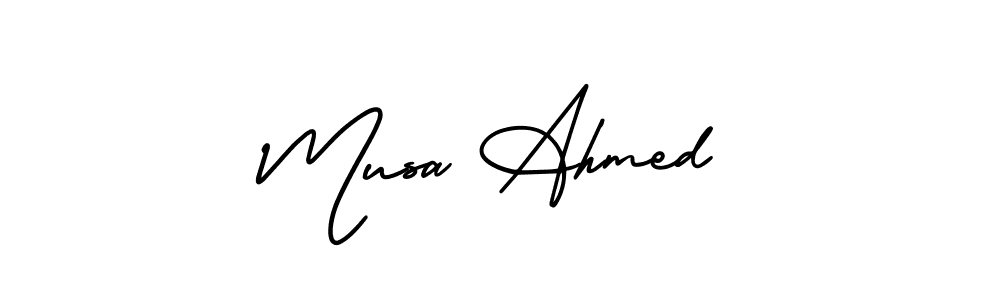 The best way (AmerikaSignatureDemo-Regular) to make a short signature is to pick only two or three words in your name. The name Musa Ahmed include a total of six letters. For converting this name. Musa Ahmed signature style 3 images and pictures png