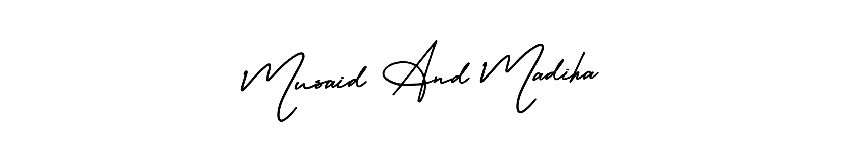 You can use this online signature creator to create a handwritten signature for the name Musaid And Madiha. This is the best online autograph maker. Musaid And Madiha signature style 3 images and pictures png