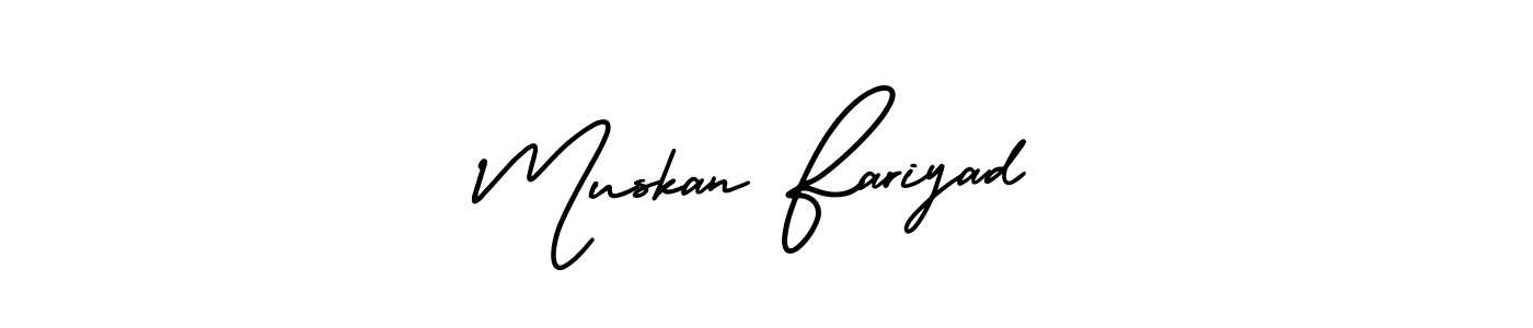 This is the best signature style for the Muskan Fariyad name. Also you like these signature font (AmerikaSignatureDemo-Regular). Mix name signature. Muskan Fariyad signature style 3 images and pictures png