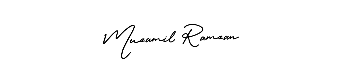 You should practise on your own different ways (AmerikaSignatureDemo-Regular) to write your name (Muzamil Ramzan) in signature. don't let someone else do it for you. Muzamil Ramzan signature style 3 images and pictures png