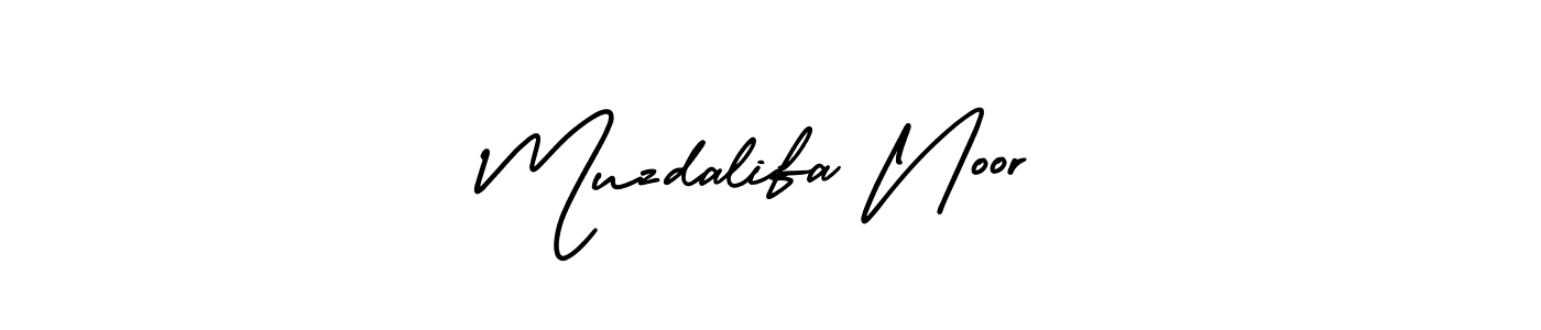 The best way (AmerikaSignatureDemo-Regular) to make a short signature is to pick only two or three words in your name. The name Muzdalifa Noor include a total of six letters. For converting this name. Muzdalifa Noor signature style 3 images and pictures png