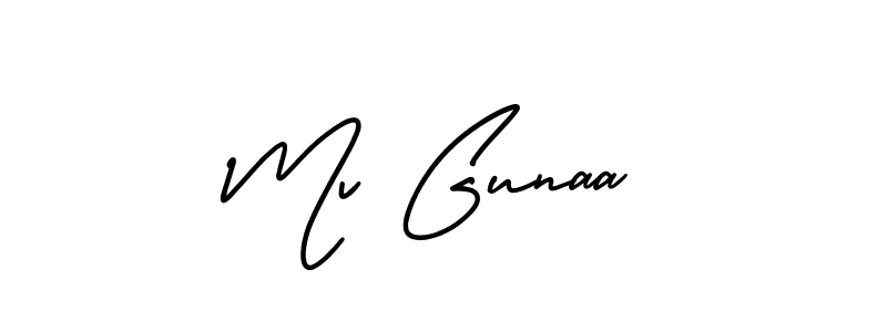 You should practise on your own different ways (AmerikaSignatureDemo-Regular) to write your name (Mv Gunaa) in signature. don't let someone else do it for you. Mv Gunaa signature style 3 images and pictures png