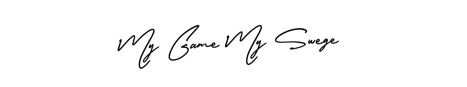 The best way (AmerikaSignatureDemo-Regular) to make a short signature is to pick only two or three words in your name. The name My Game My Swege include a total of six letters. For converting this name. My Game My Swege signature style 3 images and pictures png