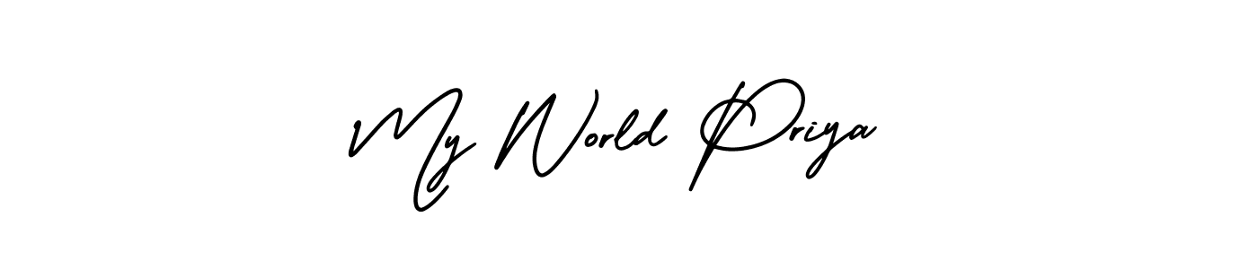 The best way (AmerikaSignatureDemo-Regular) to make a short signature is to pick only two or three words in your name. The name My World Priya include a total of six letters. For converting this name. My World Priya signature style 3 images and pictures png