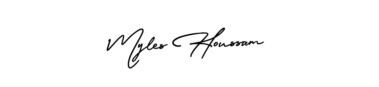 You should practise on your own different ways (AmerikaSignatureDemo-Regular) to write your name (Myles Houssam) in signature. don't let someone else do it for you. Myles Houssam signature style 3 images and pictures png