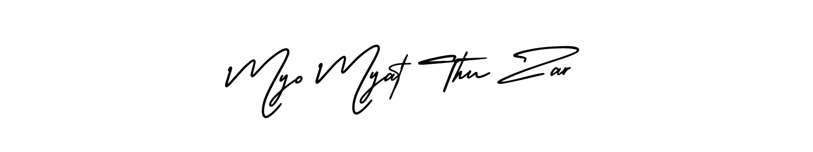 The best way (AmerikaSignatureDemo-Regular) to make a short signature is to pick only two or three words in your name. The name Myo Myat Thu Zar include a total of six letters. For converting this name. Myo Myat Thu Zar signature style 3 images and pictures png
