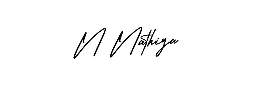 The best way (AmerikaSignatureDemo-Regular) to make a short signature is to pick only two or three words in your name. The name N Nathiya include a total of six letters. For converting this name. N Nathiya signature style 3 images and pictures png