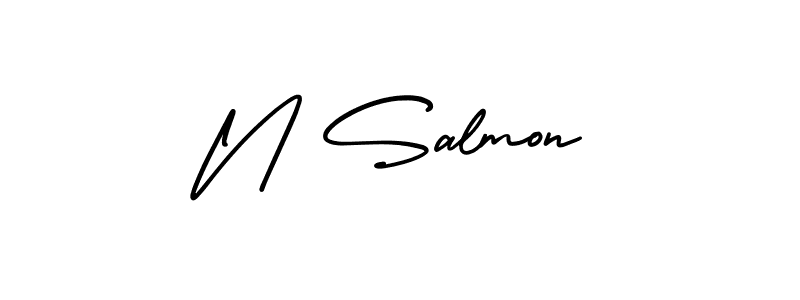 The best way (AmerikaSignatureDemo-Regular) to make a short signature is to pick only two or three words in your name. The name N Salmon include a total of six letters. For converting this name. N Salmon signature style 3 images and pictures png