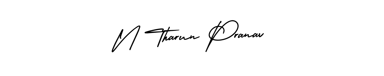 You should practise on your own different ways (AmerikaSignatureDemo-Regular) to write your name (N Tharun Pranav) in signature. don't let someone else do it for you. N Tharun Pranav signature style 3 images and pictures png