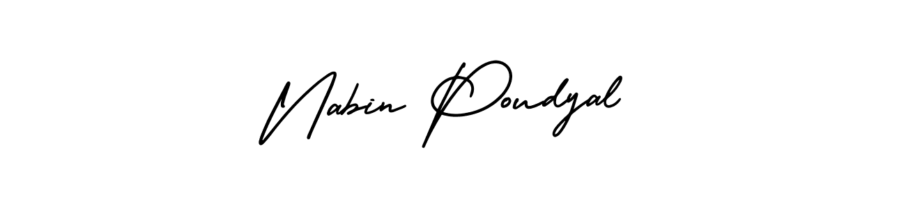 You should practise on your own different ways (AmerikaSignatureDemo-Regular) to write your name (Nabin Poudyal) in signature. don't let someone else do it for you. Nabin Poudyal signature style 3 images and pictures png