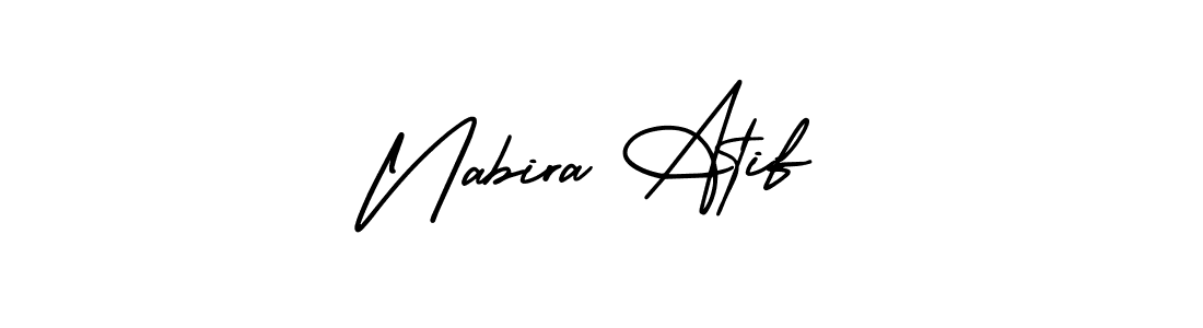 You should practise on your own different ways (AmerikaSignatureDemo-Regular) to write your name (Nabira Atif) in signature. don't let someone else do it for you. Nabira Atif signature style 3 images and pictures png