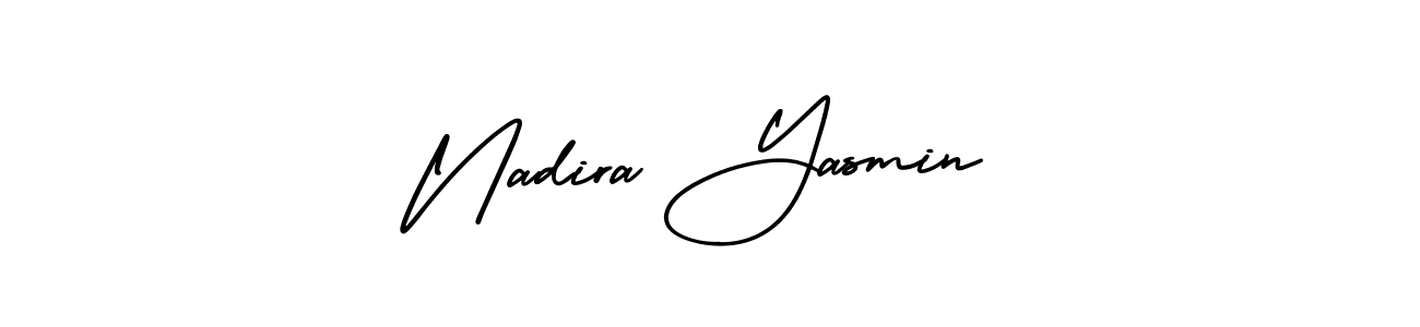 You should practise on your own different ways (AmerikaSignatureDemo-Regular) to write your name (Nadira Yasmin) in signature. don't let someone else do it for you. Nadira Yasmin signature style 3 images and pictures png