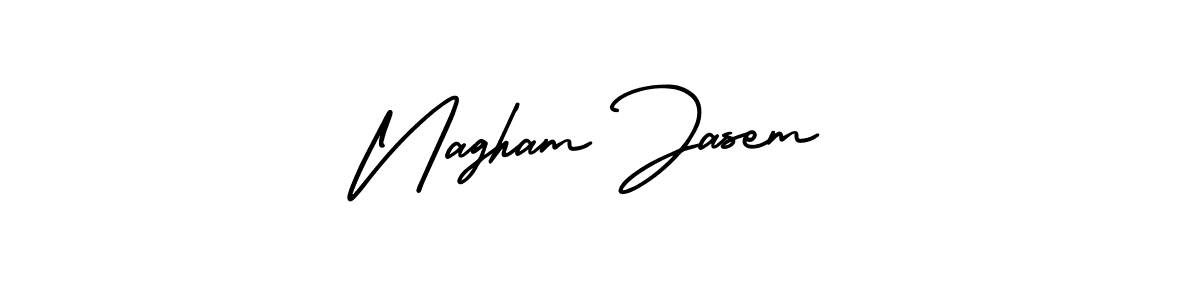 You should practise on your own different ways (AmerikaSignatureDemo-Regular) to write your name (Nagham Jasem) in signature. don't let someone else do it for you. Nagham Jasem signature style 3 images and pictures png