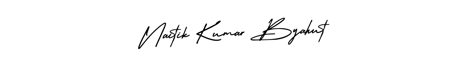 This is the best signature style for the Naitik Kumar Byahut name. Also you like these signature font (AmerikaSignatureDemo-Regular). Mix name signature. Naitik Kumar Byahut signature style 3 images and pictures png