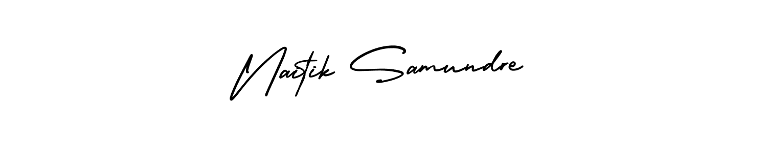 You should practise on your own different ways (AmerikaSignatureDemo-Regular) to write your name (Naitik Samundre) in signature. don't let someone else do it for you. Naitik Samundre signature style 3 images and pictures png