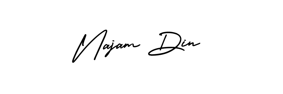 You should practise on your own different ways (AmerikaSignatureDemo-Regular) to write your name (Najam Din) in signature. don't let someone else do it for you. Najam Din signature style 3 images and pictures png