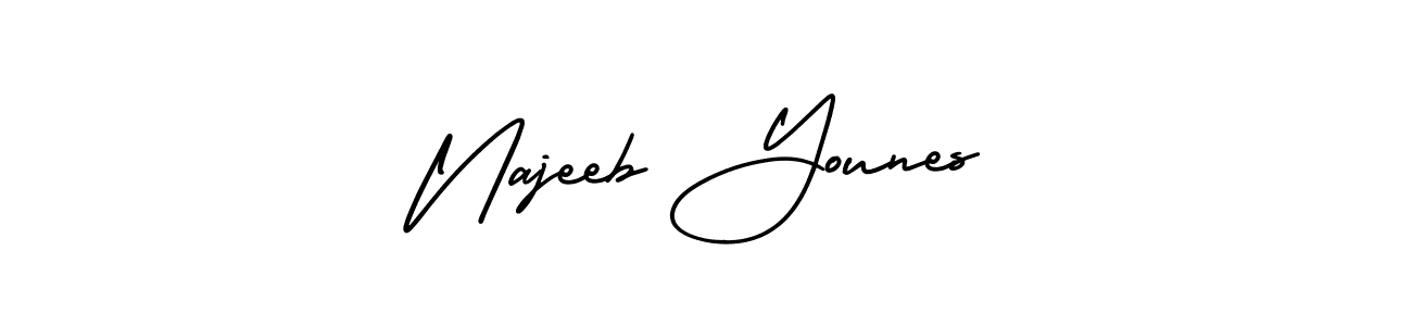 You should practise on your own different ways (AmerikaSignatureDemo-Regular) to write your name (Najeeb Younes) in signature. don't let someone else do it for you. Najeeb Younes signature style 3 images and pictures png