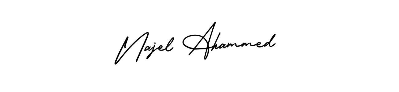 This is the best signature style for the Najel Ahammed name. Also you like these signature font (AmerikaSignatureDemo-Regular). Mix name signature. Najel Ahammed signature style 3 images and pictures png