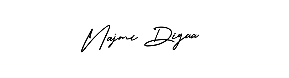 This is the best signature style for the Najmi Diyaa name. Also you like these signature font (AmerikaSignatureDemo-Regular). Mix name signature. Najmi Diyaa signature style 3 images and pictures png