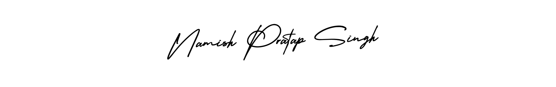 The best way (AmerikaSignatureDemo-Regular) to make a short signature is to pick only two or three words in your name. The name Namish Pratap Singh include a total of six letters. For converting this name. Namish Pratap Singh signature style 3 images and pictures png