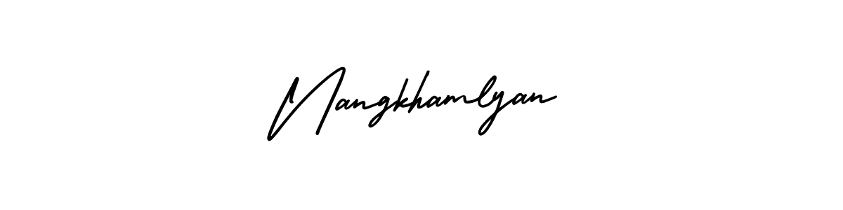 You should practise on your own different ways (AmerikaSignatureDemo-Regular) to write your name (Nangkhamlyan) in signature. don't let someone else do it for you. Nangkhamlyan signature style 3 images and pictures png