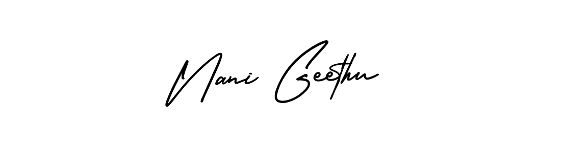 You should practise on your own different ways (AmerikaSignatureDemo-Regular) to write your name (Nani Geethu) in signature. don't let someone else do it for you. Nani Geethu signature style 3 images and pictures png