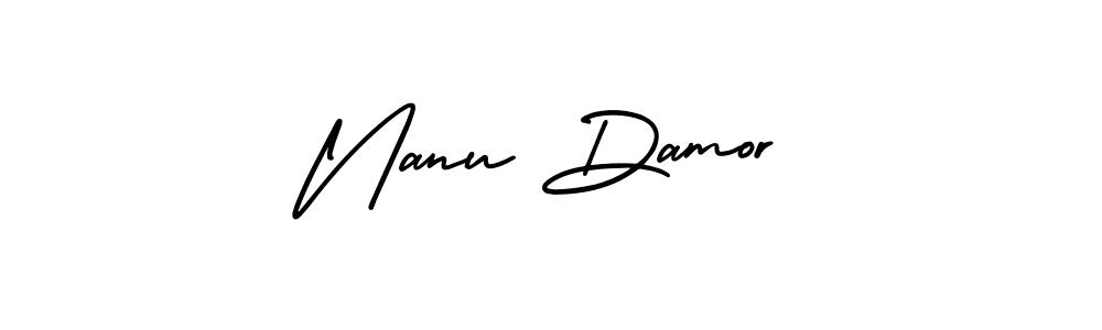 You should practise on your own different ways (AmerikaSignatureDemo-Regular) to write your name (Nanu Damor) in signature. don't let someone else do it for you. Nanu Damor signature style 3 images and pictures png