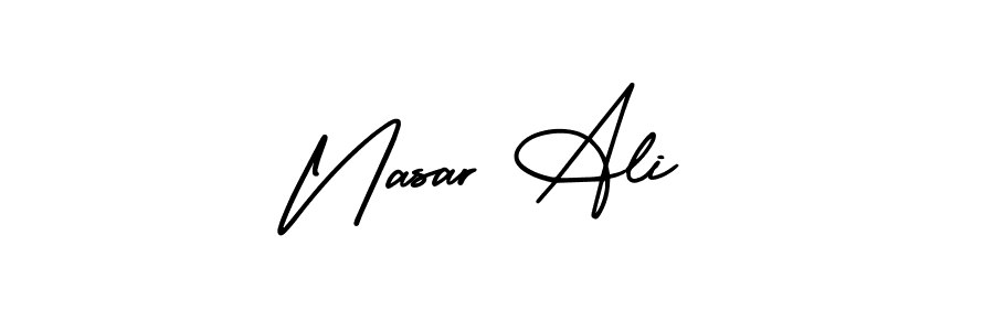 You should practise on your own different ways (AmerikaSignatureDemo-Regular) to write your name (Nasar Ali) in signature. don't let someone else do it for you. Nasar Ali signature style 3 images and pictures png