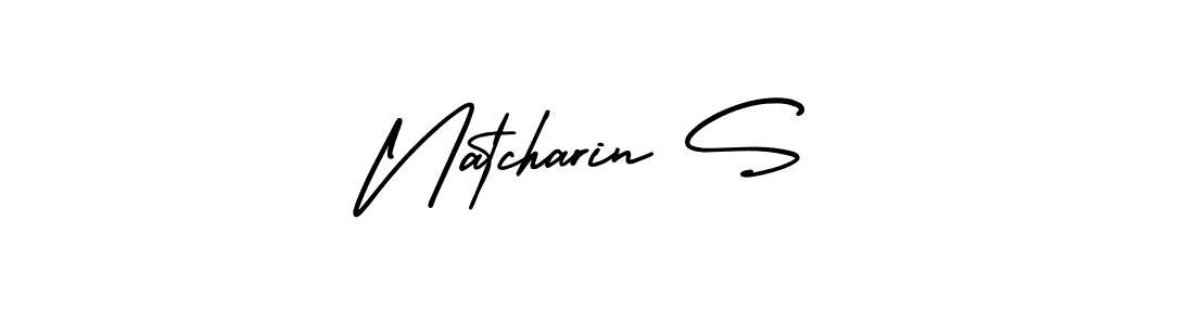 You should practise on your own different ways (AmerikaSignatureDemo-Regular) to write your name (Natcharin S) in signature. don't let someone else do it for you. Natcharin S signature style 3 images and pictures png