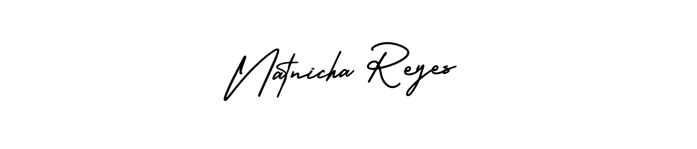 You should practise on your own different ways (AmerikaSignatureDemo-Regular) to write your name (Natnicha Reyes) in signature. don't let someone else do it for you. Natnicha Reyes signature style 3 images and pictures png