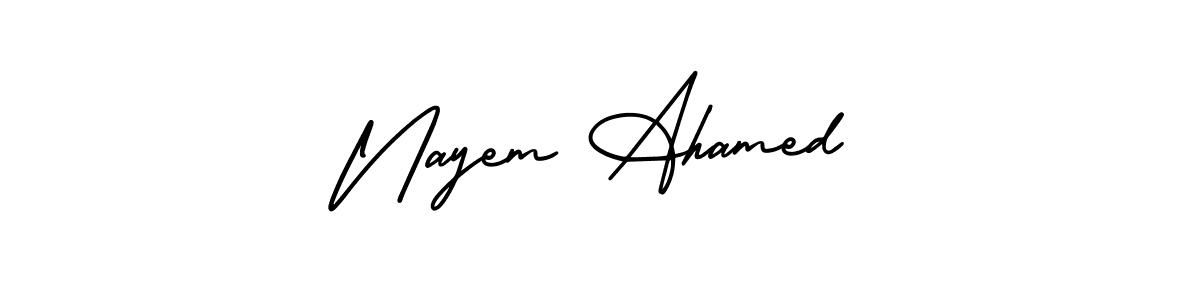 You should practise on your own different ways (AmerikaSignatureDemo-Regular) to write your name (Nayem Ahamed) in signature. don't let someone else do it for you. Nayem Ahamed signature style 3 images and pictures png