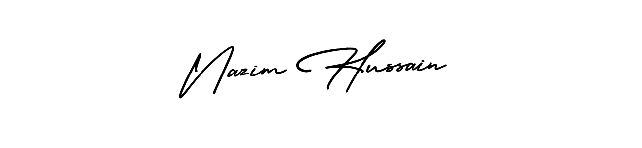 The best way (AmerikaSignatureDemo-Regular) to make a short signature is to pick only two or three words in your name. The name Nazim Hussain include a total of six letters. For converting this name. Nazim Hussain signature style 3 images and pictures png